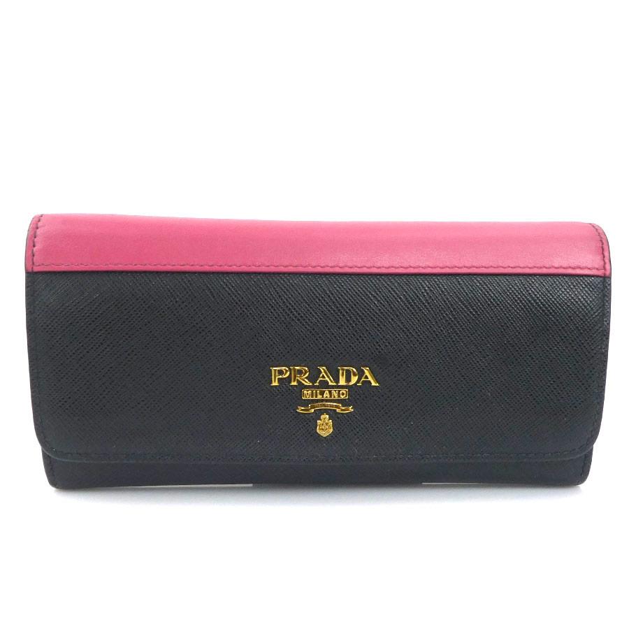 RFID搭載/美品✨️プラダ 長財布 ブランドバリュー : ブラック/ピンク レザー 長財布 PRADA（プラダ） ピンク 黒 バイカラー レザー 折り財布 小物