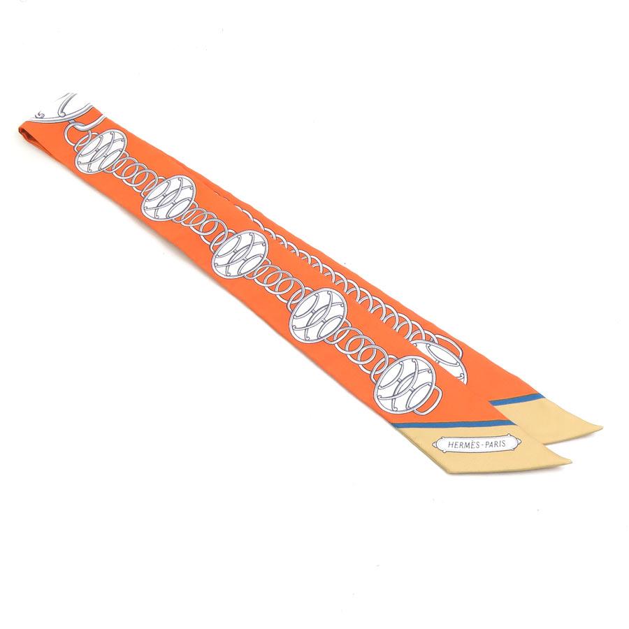 エルメス ツイリー オレンジと白のシルクスカーフ シルク100 HERMES