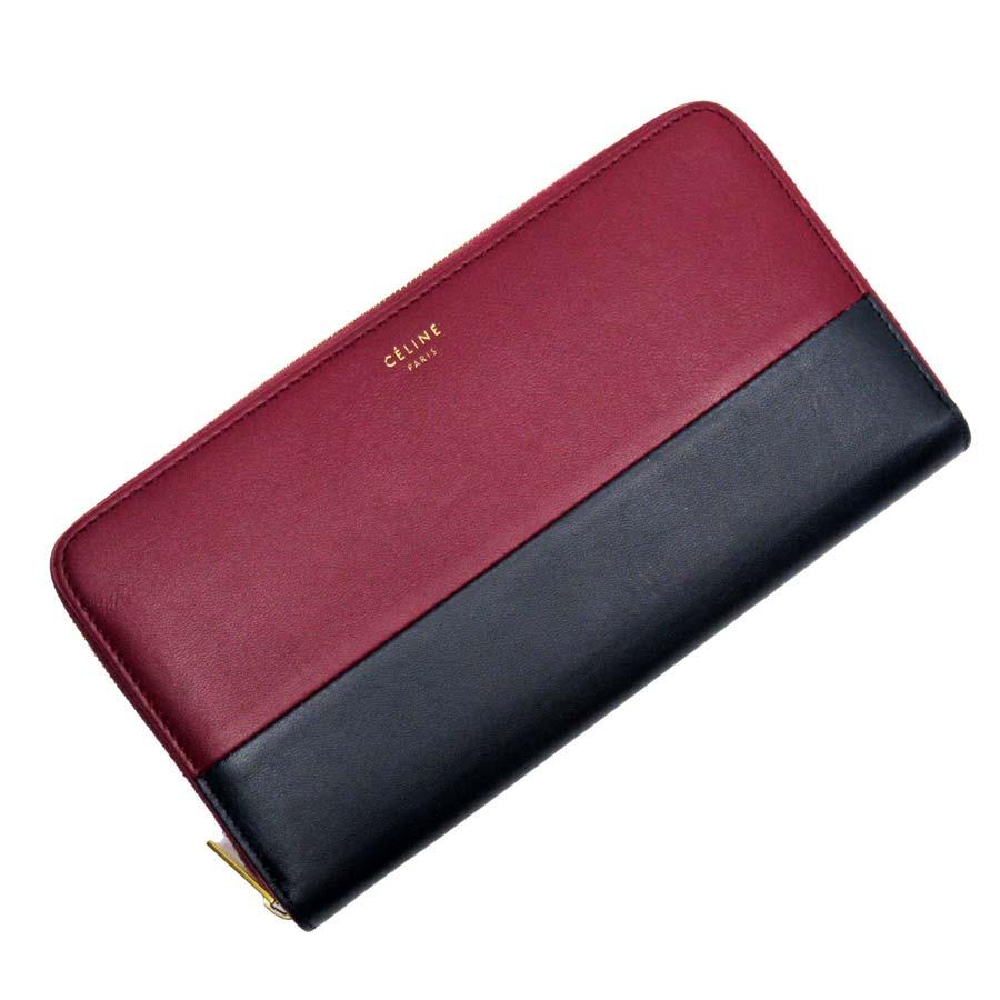 セリーヌ CELINE ラウンドファスナー長財布 レザー ボルドー×ネイビー 