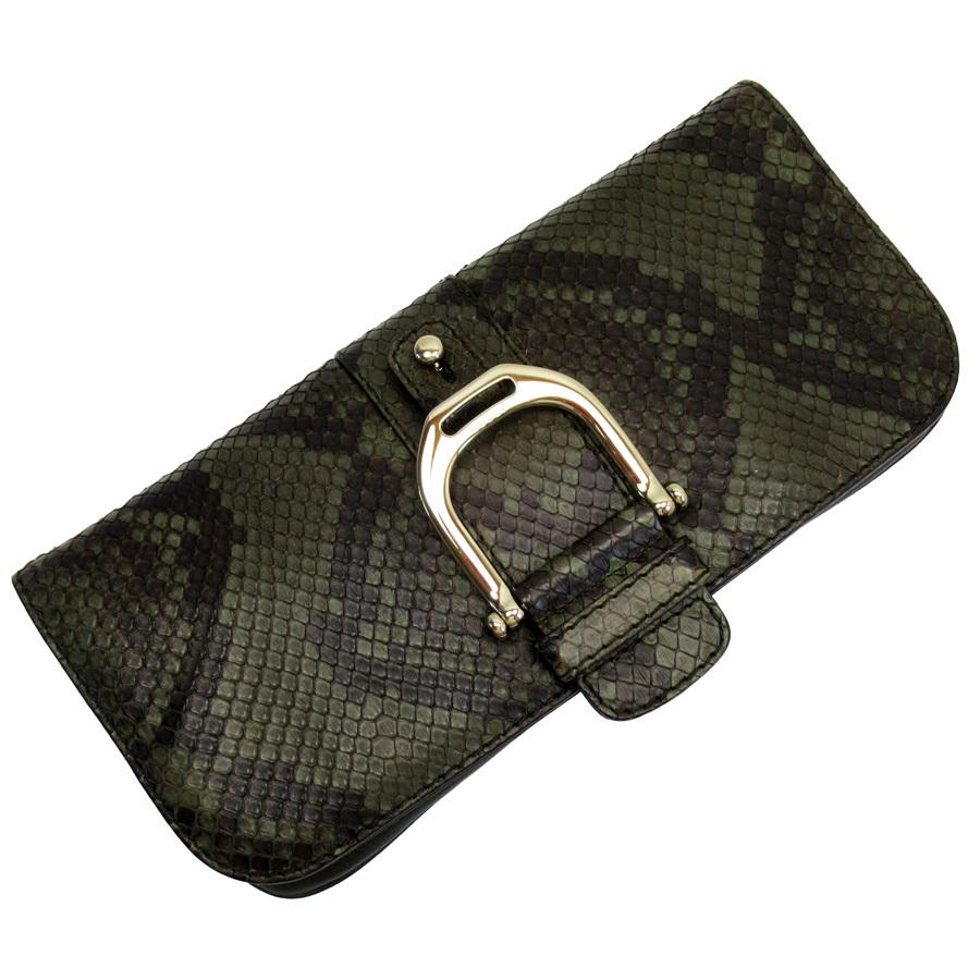 GUCCI グッチ クラッチバッグ パイソンxレザー カーキ系xゴールド 定番 