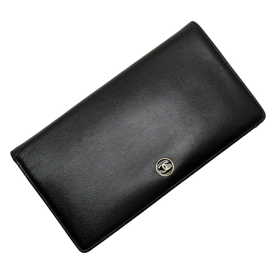 CHANEL シャネル 二つ折り長財布 ココボタン レザー ブラック 定番人気  