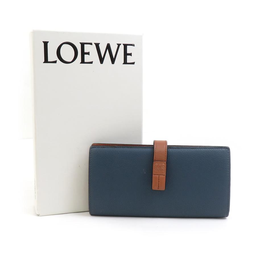 LOEWE（ロエベ） 二つ折り長財布 レザー ネイビー×ブラウン : ブランド