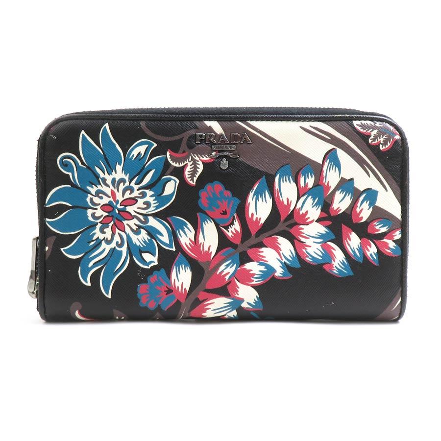 PRADA（プラダ） ラウンドファスナー長財布 レザー ブラック/マルチ