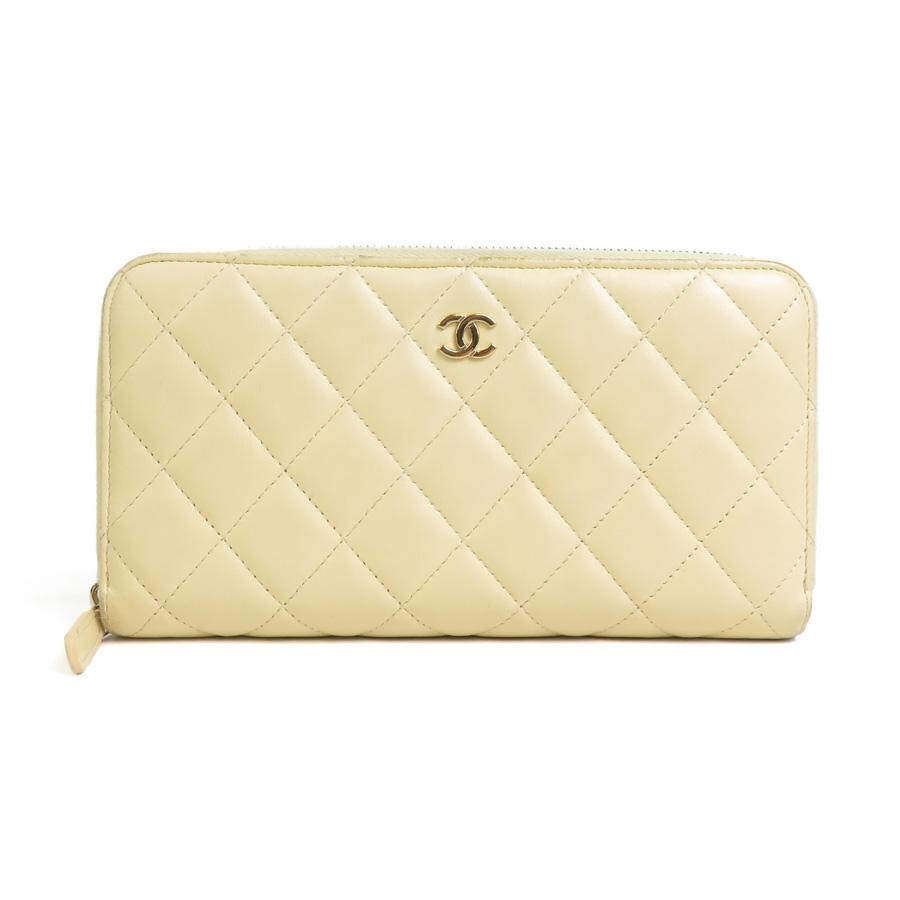 CHANEL シャネル ラウンドファスナー長財布 ラムスキン クリーム 