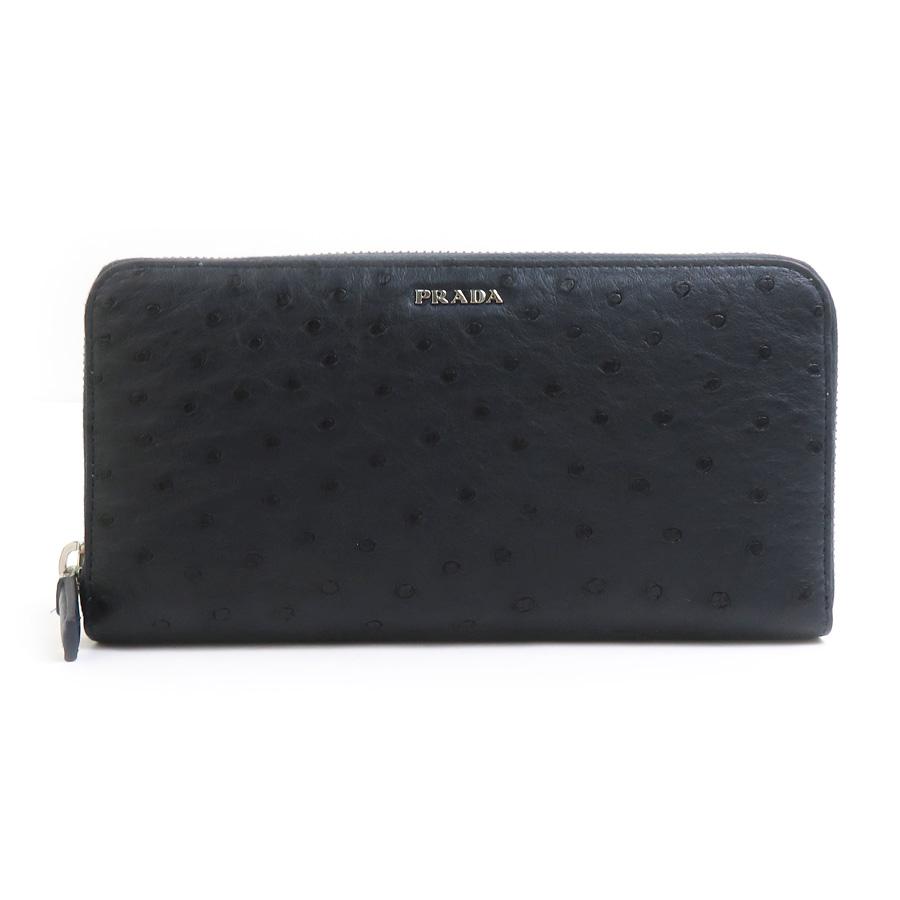 PRADA（プラダ） ラウンドファスナー長財布 オーストリッチ ネイビー