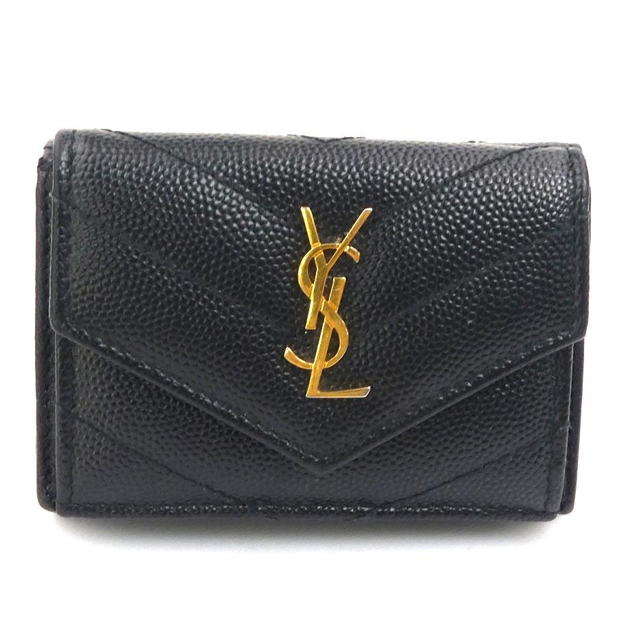 サンローラン SAINT LAURENT 三つ折り財布 レザー ブラック : ブランド