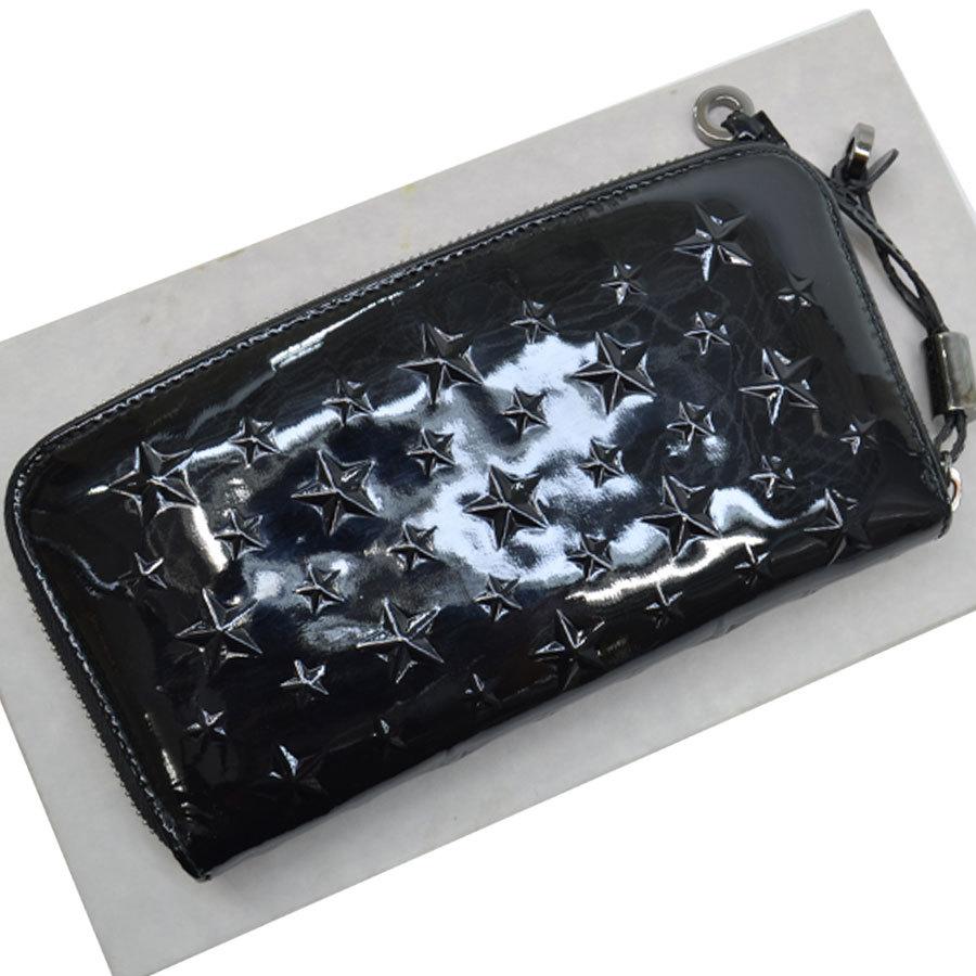 ジミーチュウ スタースタッズ 　長財布　ウォレット　パテント黒 HANNI | クリスタルスタースタッズ付き Black カーフレザー