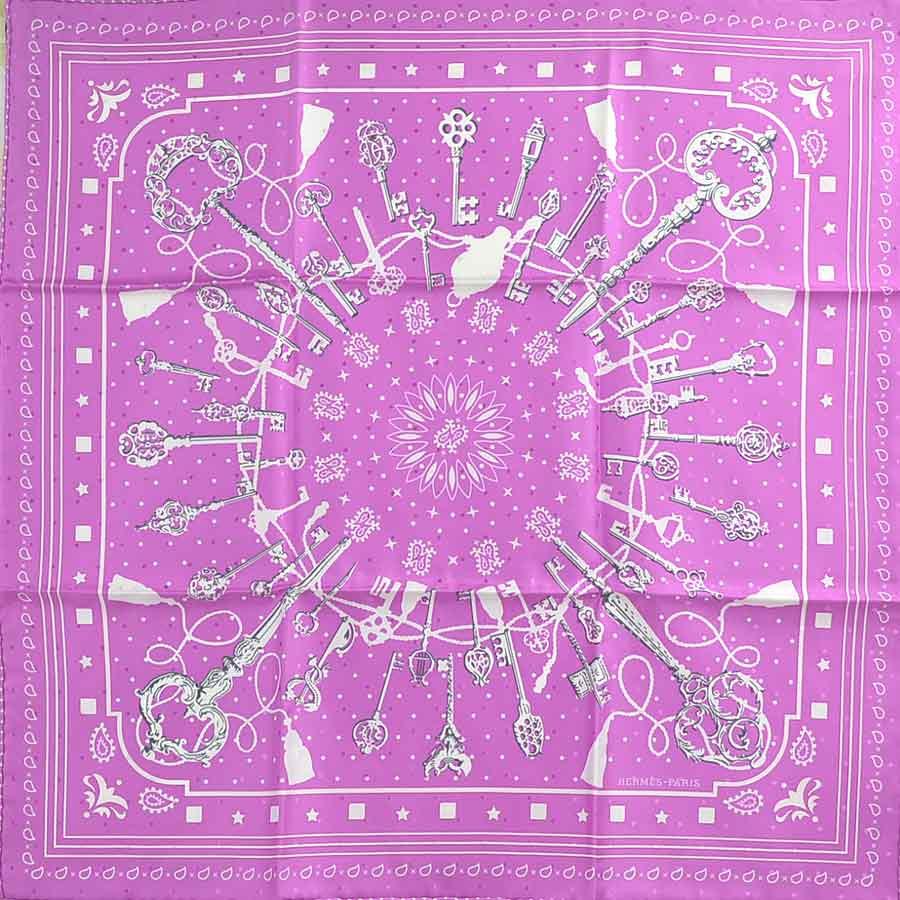 HERMES エルメス スカーフ バンダナ カレ55 Les Cles シルク パープル