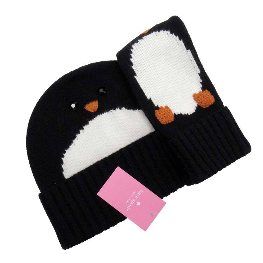 ケイトスペード kate spade ニット帽 手袋 2点セット ペンギン ポリエステル70％ ウール30％ ブラックxホワイトxブラウン系