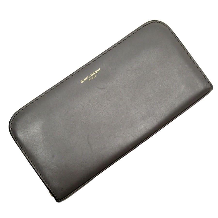 YSL グレー レザー 長財布 サンローラン SAINT LAURENT ラウンドファスナー長財布 レザー