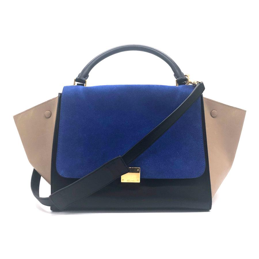 セリーヌ CELINE ハンドバッグ ショルダーバッグ トラペーズ レザー ブルー×ブラック×ベージュ :z0099:ブランドバリュー