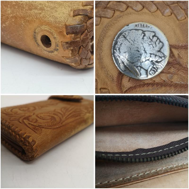 古着 カービング ライダース バイカーズ レザー ウォレット 長財布