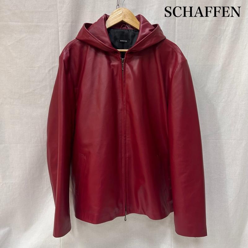 本革レザージャケット　えんじ色赤レッド　ヴィンテージ90sブルゾン短丈ハイネック USED古着 SCHAFFEN シャッフェン 革ジャン ラムレザー フード付き