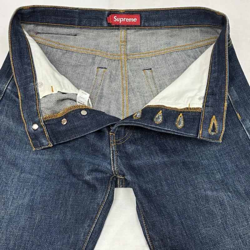 Supreme デニム 36インチ ジーンズ 赤耳 色落ち ヒゲ シュプリーム セルビッチ 赤耳 スリム ジーンズ ボタンフライ デニム
