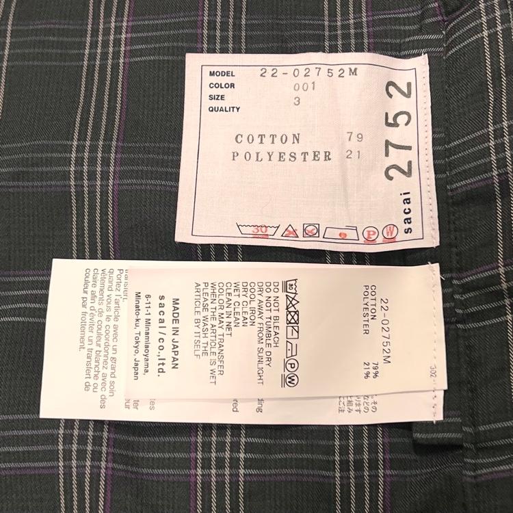 sacai サカイ 2022SS チェック柄 半袖 Tシャツ size 3 ブラック メンズ 