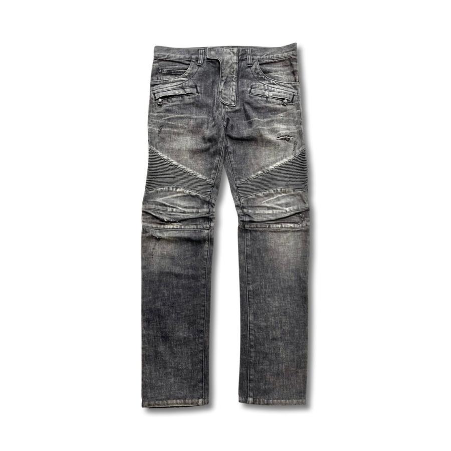 BALMAIN バルマン クラッシュ加工 デニム バイカーパンツ ブラック  