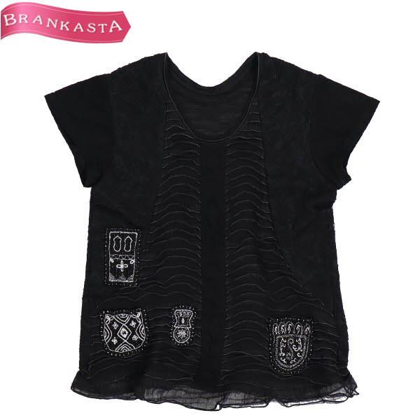 ハート イッセイミヤケ カットソー トップス 半袖 2 M 花柄 裾フリル 刺繍 アップリケ 黒他 HaaT ISSEY MIYAKE 美品 41GG12