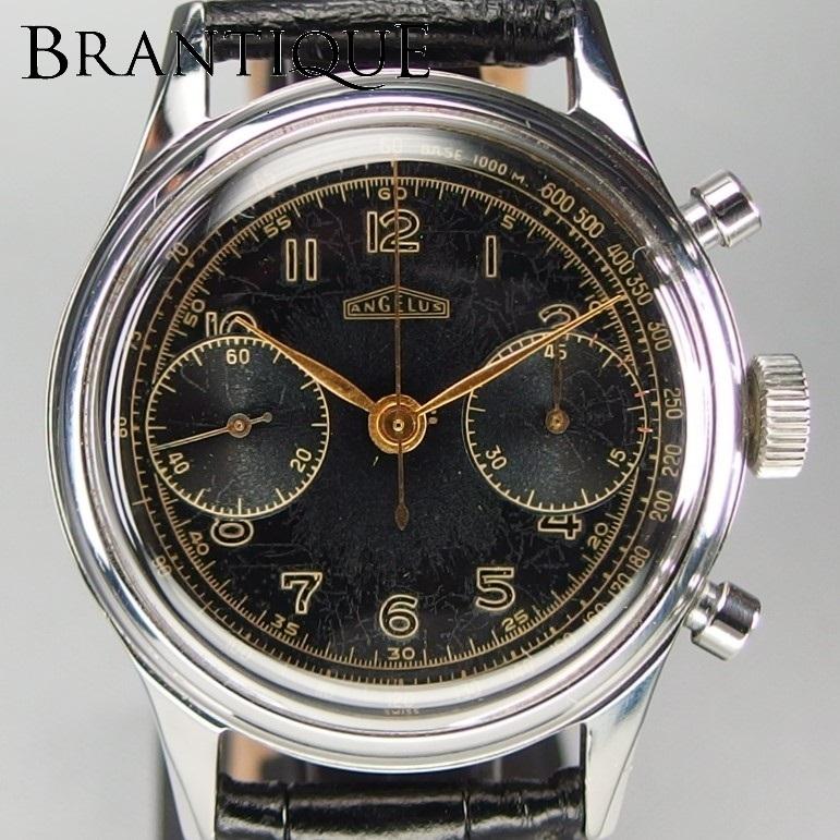 アンジェラス ANGELUS 手巻き アンティーク 機械式 クロノグラフ ブラックミラーダイヤル ゴールドレター メンズ 腕時計  「14738」｜brantique