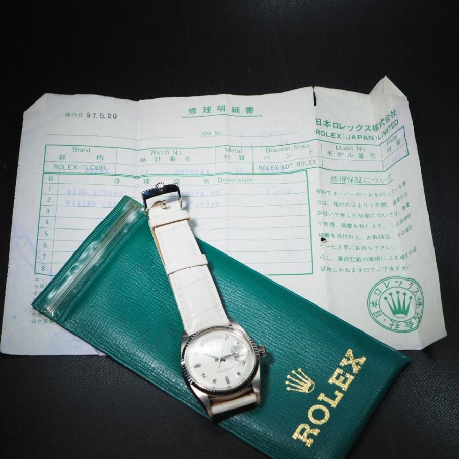 ROLEX OYSTER PERPETUAL DAY-DATE デイデイト 1803 AT メンズ 腕時計 修理証 【超希少 廃盤ダイアル WGx10Pダイヤ 純正バックル】「23429」｜brantique｜10