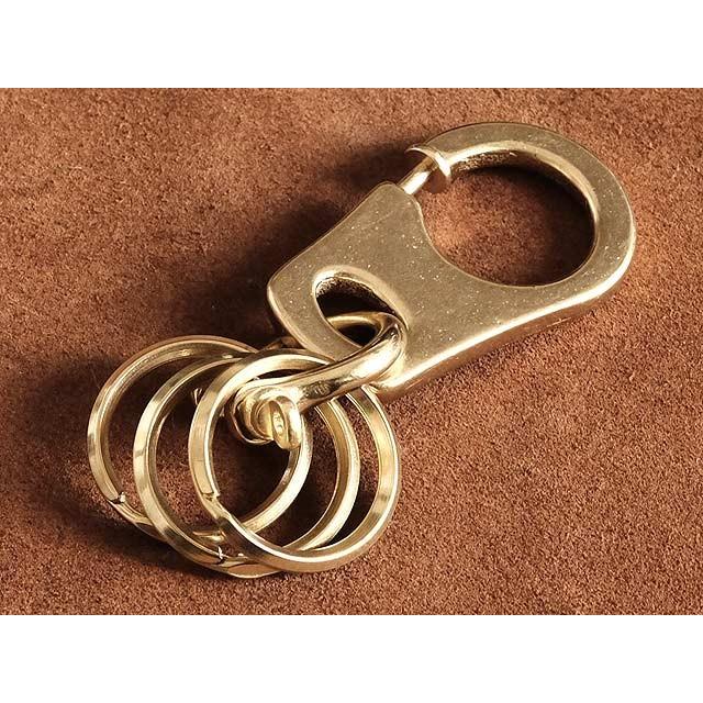 オール真鍮製 プッシュ式 カラビナキーホルダー 三角押し二重リング