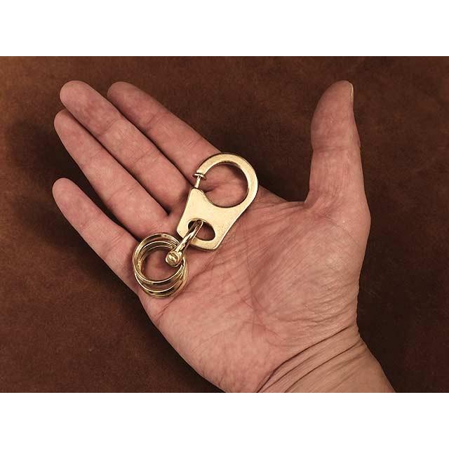 オール真鍮製 プッシュ式 カラビナキーホルダー 三角押し二重リング