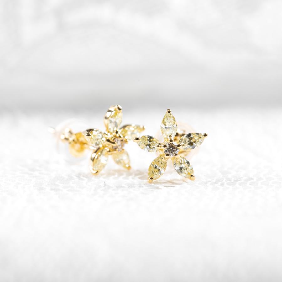 ピアス 18金 0.50t フラワー ダイヤモンド レーディス K18YG イエロー  