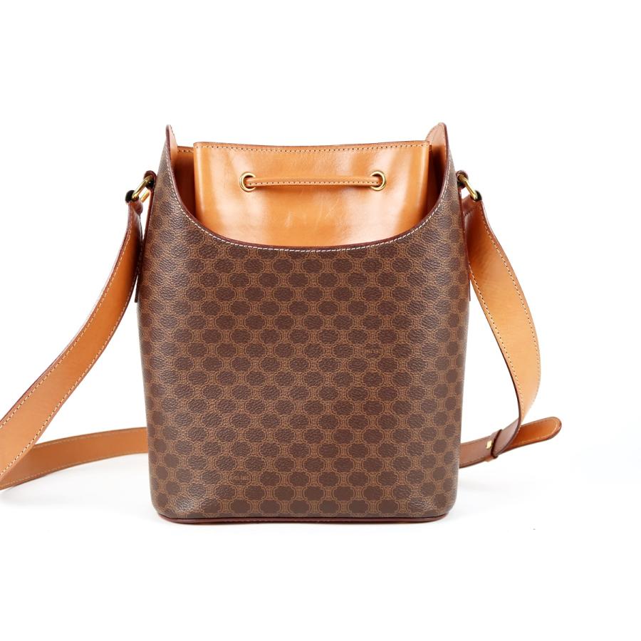 CELINE セリーヌ マカダム ショルダー巾着型バッグ レザー ブラウン