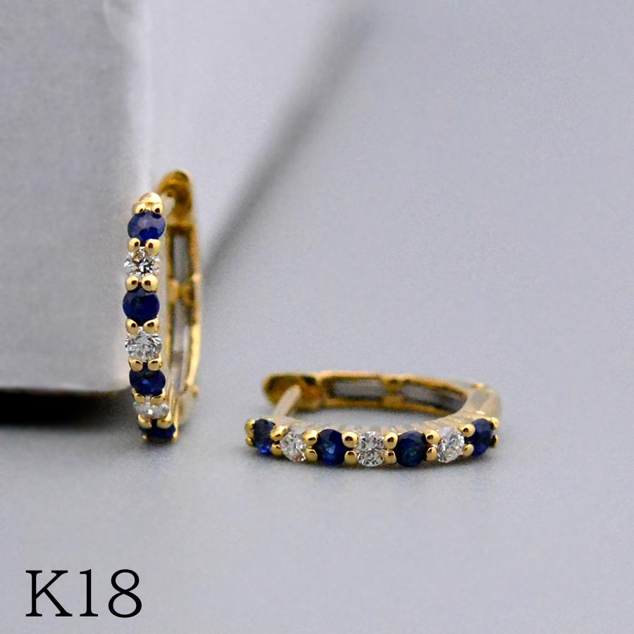 ダイヤモンドサファイア 1.5mmフープピアス 中折れリングピアス K18YG