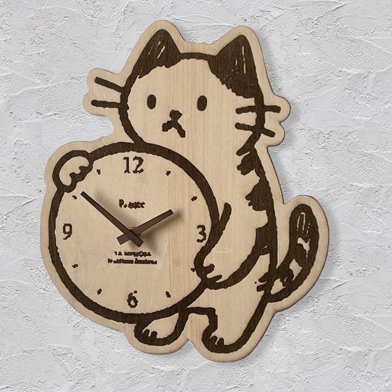 壁掛け時計 猫 CAT 静音タイプ 木製 ナチュラル ウォールクロック