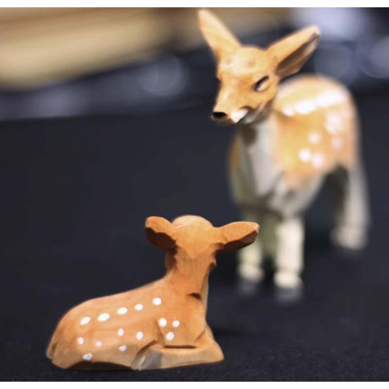バンビ 鹿 ニホンジカ 置物 木彫り 親子 癒し オブジェ 手作り