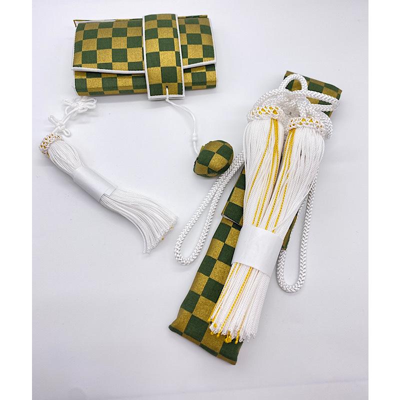 ◆新品◆人気◆はこせこ◆フォトウェディングなどに◆市松柄グリーン・ゴールド系◆【新品婚礼用/筥迫・懐剣・末広3点セット】