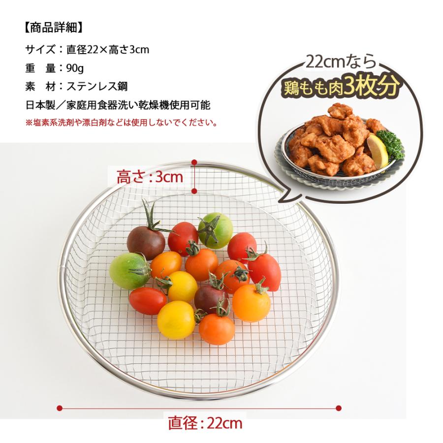 平ザル 22cm お皿 万能 ザル 燕三条 日本製 ステンレス 揚げ物 油切り 天ぷら フライ から揚げ 大皿 浅ザル 水切り ザル 食洗器対応 水切れ抜群 平ざる メッシュ | STYLENEO | 14
