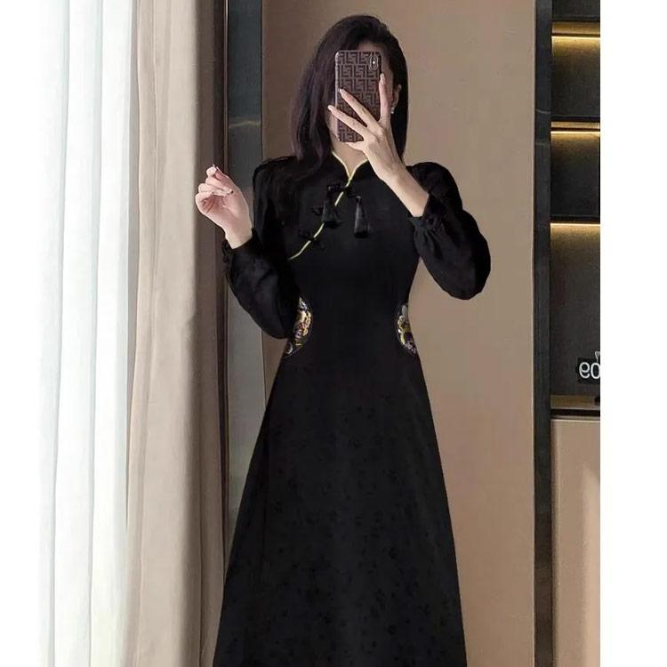 体型カバー 秋冬 チャイナボタン ワンピース ロングワンピース きれい