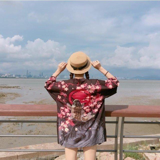 鯉と桜　法被　半纏 鯉 大祭 袢天 お祭り衣装 カーディガン 長半纏 ハッピ ユニフォーム 神輿 半天 はんてん | 