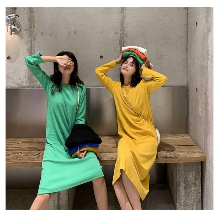 春夏 長袖ワンピース ワンピ クルーネック 長袖Tシャツワンピース