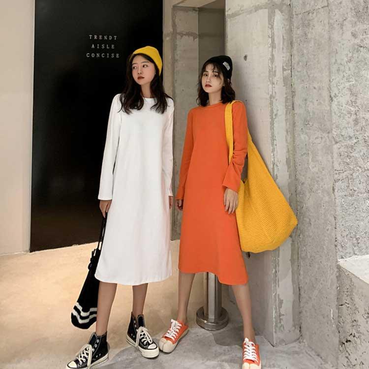 春夏 長袖ワンピース ワンピ クルーネック 長袖Tシャツワンピース