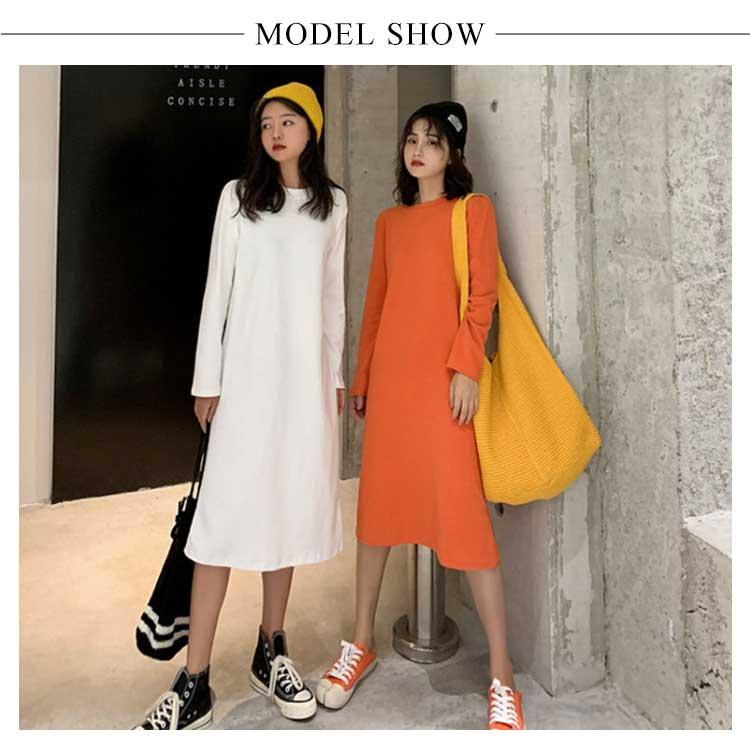 春夏 長袖ワンピース ワンピ クルーネック 長袖Tシャツワンピース