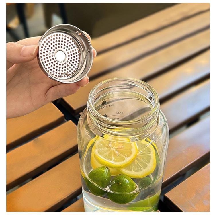 1000ml 大容量 ボトル 木の蓋 タイムマーカー付き 漏れ防止 耐熱 水筒 通勤 ガラス 透明 ガラスカップ 茶こし付き マグボトル クリアボトル