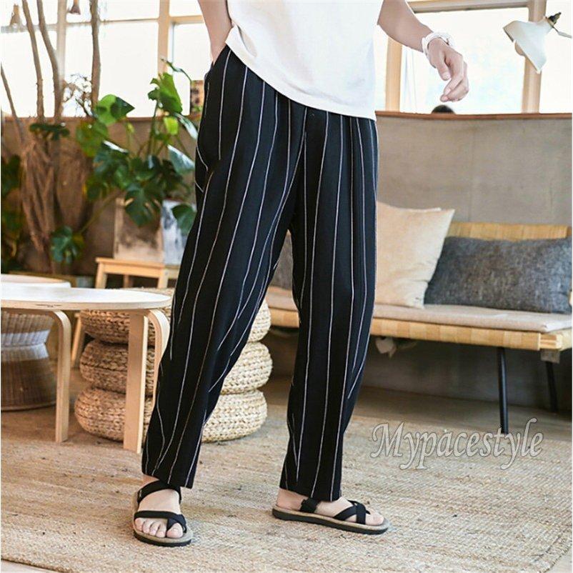 ワイドパンツ メンズ サルエルパンツ ストライプ リネンパンツ ゆったりめ 通気性 カジュアル 縞模様 3色 サルエルパンツ サイズ 2xl Ensino Ssp Go Gov Br