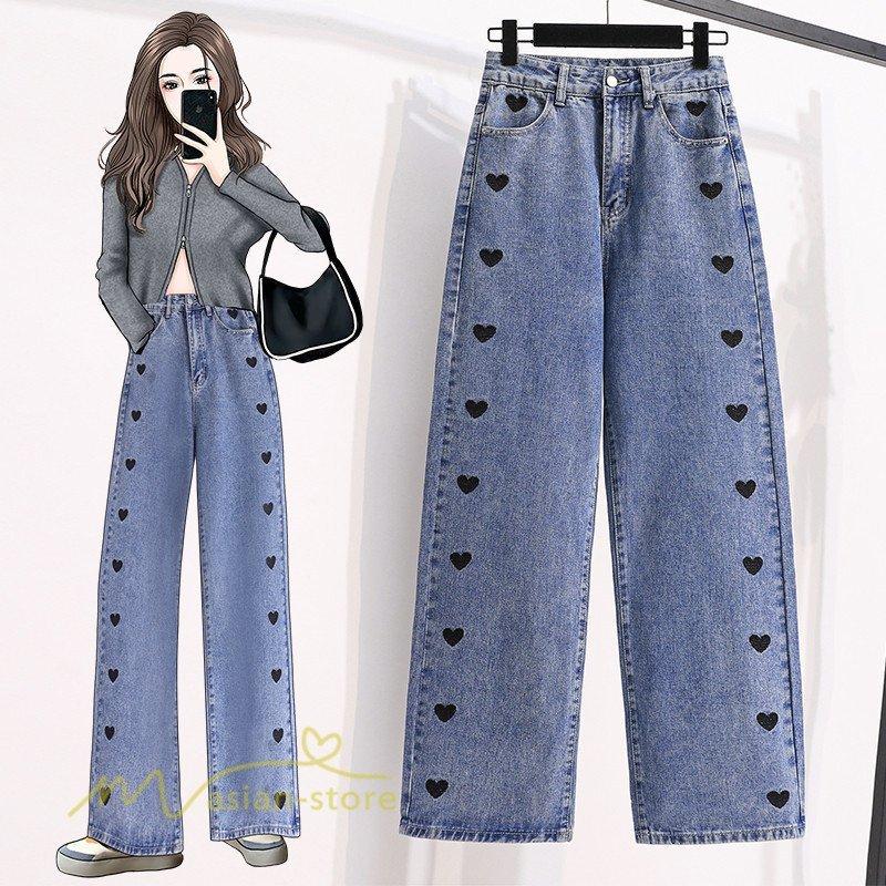 ワイドパンツ デニムパンツ デニム レディース ボトムス 日常感 ハイウエスト コットン 大きいサイズ ハート 着痩せ パンツ ジーンズ ジーパン き 人気商品