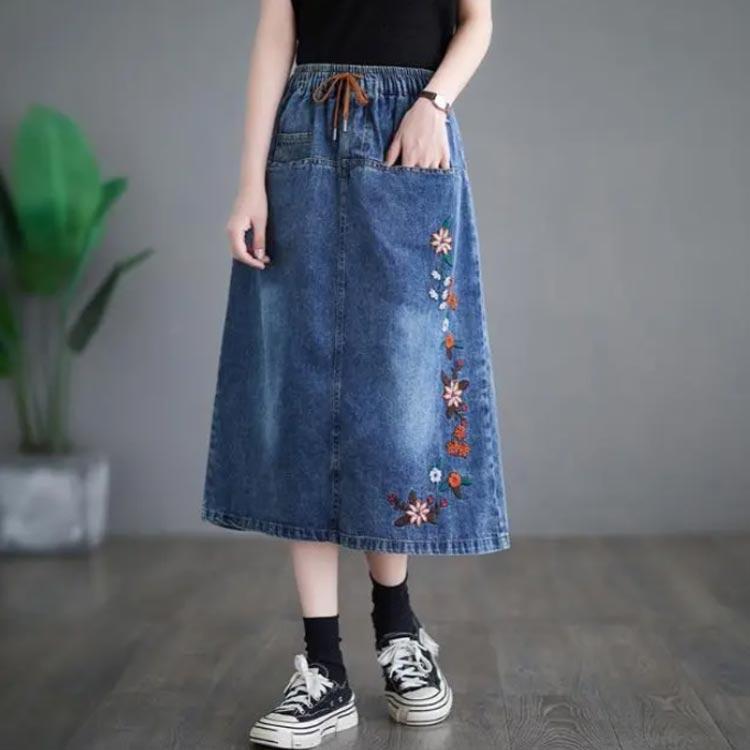 送料無料 デニムスカート 刺繍 ロングスカート デニム スカート 膝下丈