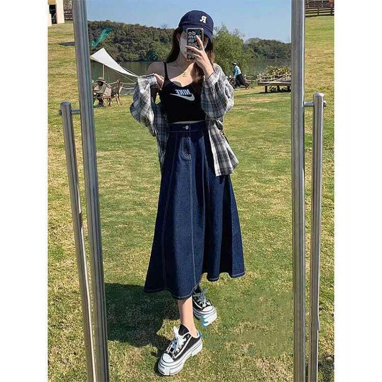 Aライン デニム ウェストゴム スッキリ ロングスカート フレアスカート