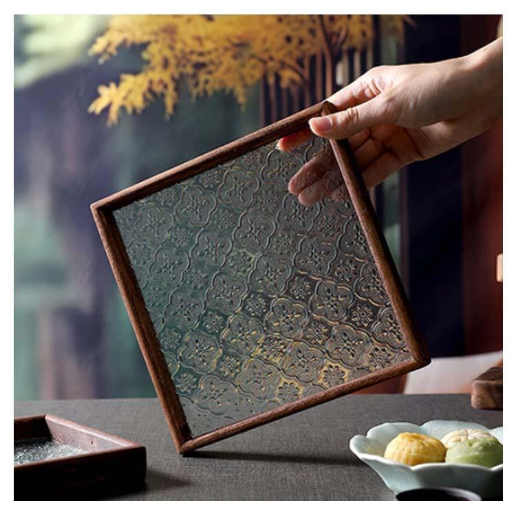 花柄装飾の緑色八角形木造細工トレイ トレー 花海棠柄 盛器 ガラス皿 コースター 8サイズ トレイ ガラス