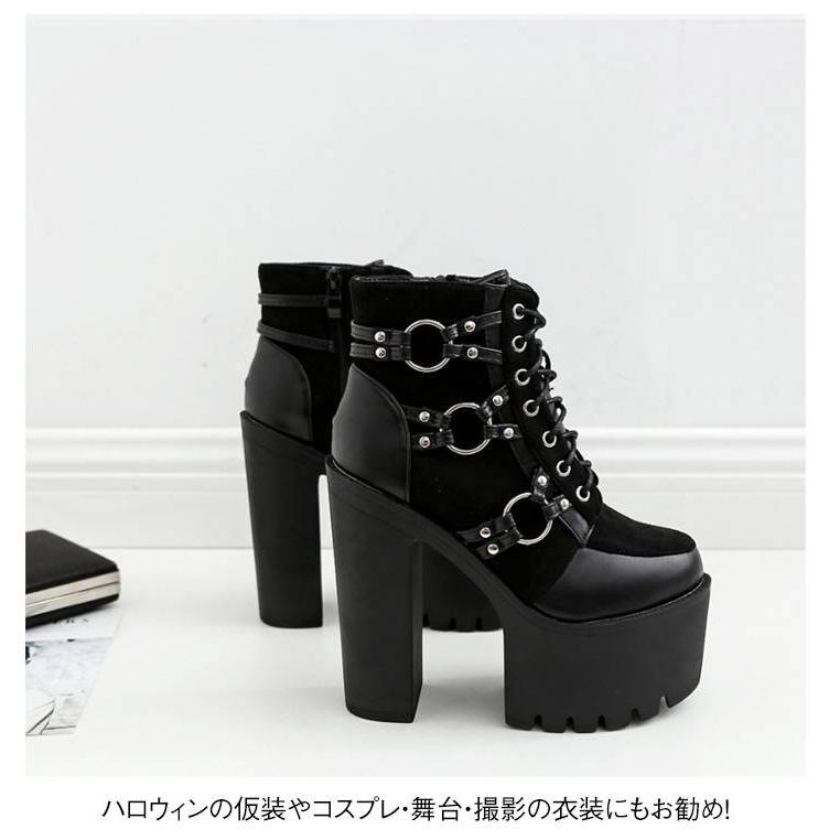 【美品】コスプレ　厚底ブーツ 編み上げ　15cmヒール 美脚 15cmヒール 厚底 ブーティ 厚底靴 レディース 太ヒール レース