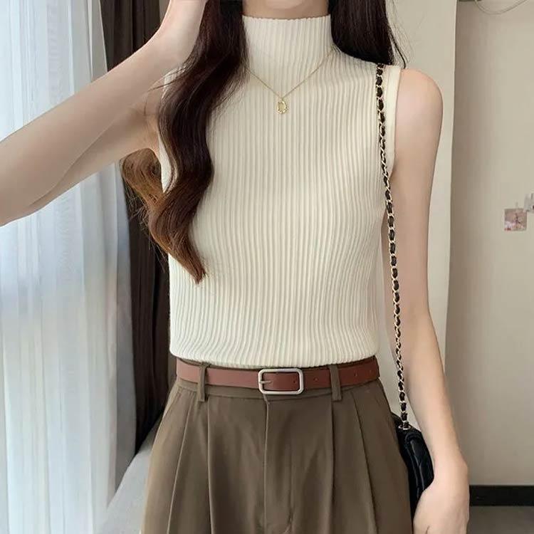 コーデ 夏 ストレッチ レディース ベスト ハイネック ニット 春夏