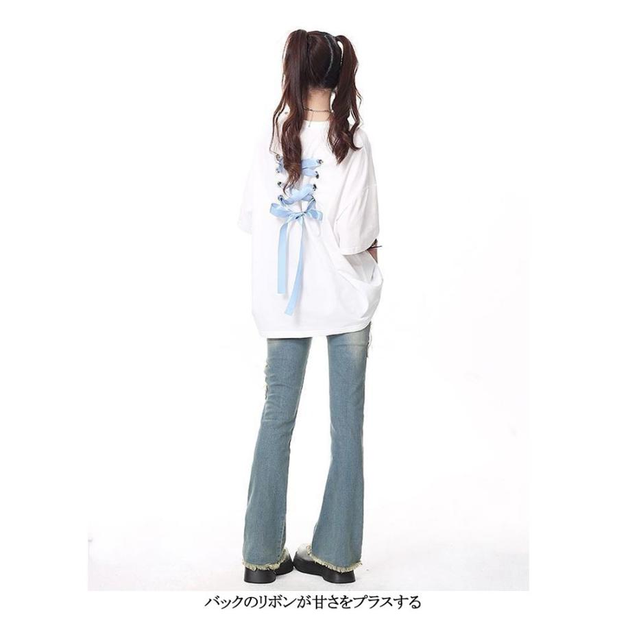 レディース バックリボン 地雷系 Tシャツ コットン 半袖Tシャツ 地雷 