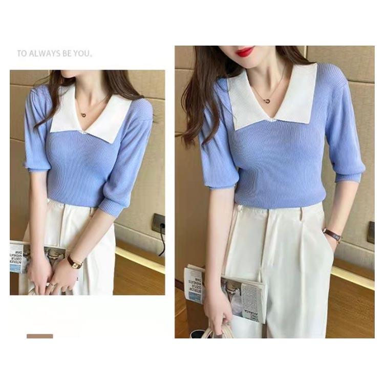 送料無料 リブニット レディース 春夏 サマーニット プルオーバー 襟