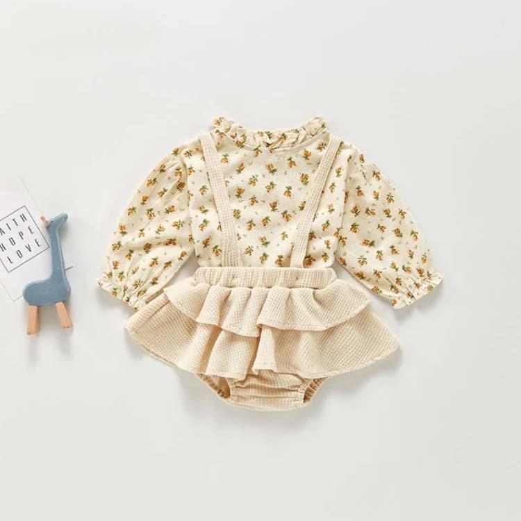 長袖ブラウス＆サロペットセット 2点セット 女の子 フリルブラウス スカパン サロペット セットアップ オールインワン キッズ 小花柄 春 秋 全2色 |  | 01