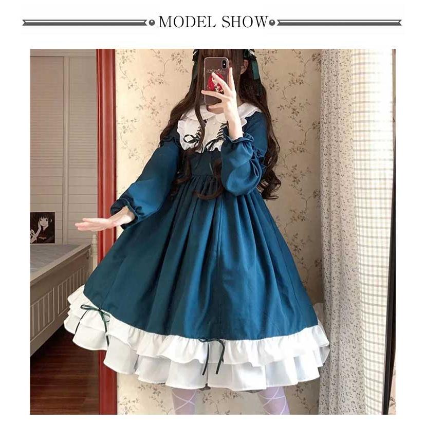ロリータワンピース レディース ミディアム丈 長袖 丸襟 コスプレ ハロウイン Aライン フリル裾 甘ロリータ 女子 学生 可愛い 仮装 お茶会 学園 |  | 07