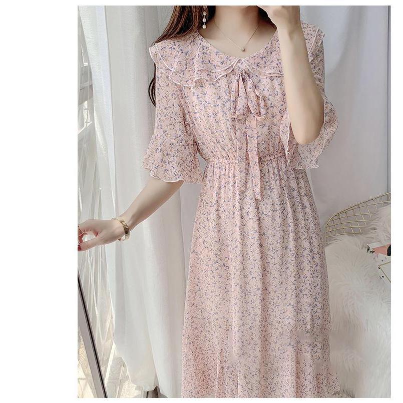 ワンピース レディース 花柄 シフォンワンピース ロング丈 フレア Aライン 半袖 ビッグカラー | 
